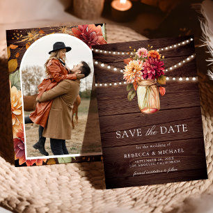 Burgunder Herbst Dahlie Mason Glas Foto Holz Hochz Save The Date