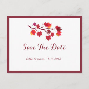 Burgunder-Herbstblätter-Hochzeit-Save-The-Date-Pos Ankündigungspostkarte