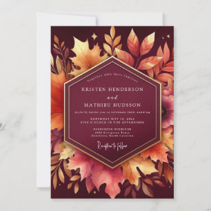 Burgunder-Herbstlaub-Romantik-Hochzeit Einladung