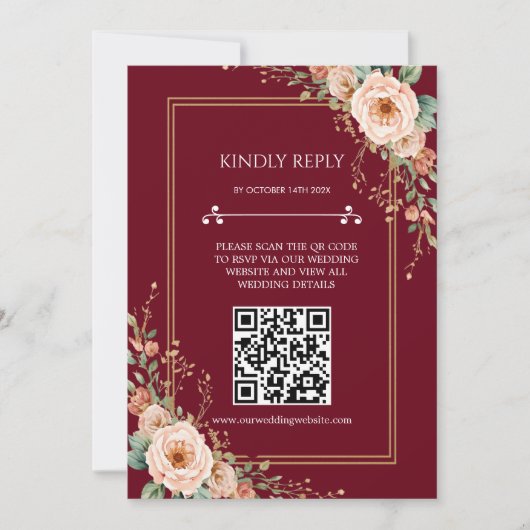 Burgunder Hochzeit-Antwortkarte mit QR-Code (Vorderseite)