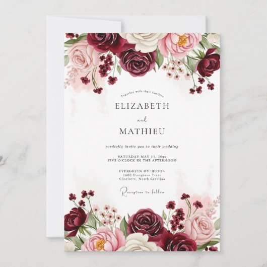 Burgunder Hochzeit mit Blumen Einladung (Vorderseite)