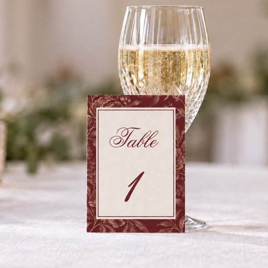 Burgunder Hochzeit mit Blumen Tischnummer