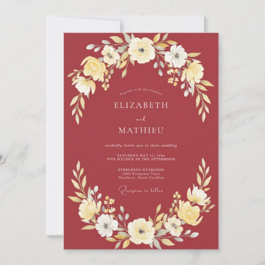 Burgunder Hochzeit mit botanischem Glanz Einladung (Vorderseite)