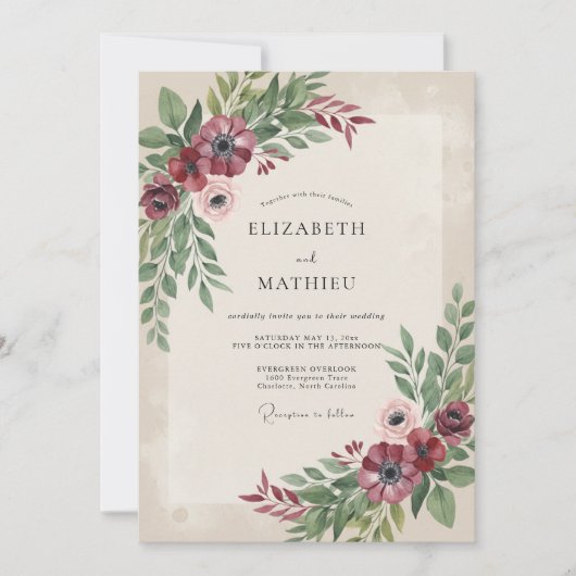 Burgunder Hochzeit mit floraler Note Einladung (Vorderseite)