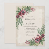 Burgunder Hochzeit mit floraler Note Einladung (Vorne/Hinten)