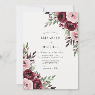Burgunder Hochzeit mit floraler Romantik Einladung