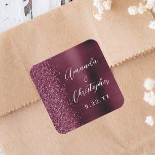 Burgunder Hochzeit mit gebürstetem Metall-Glitter- Quadratischer Aufkleber