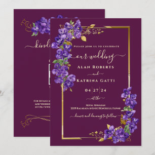 Burgunder Hochzeit RSVP QR Code Veilchen Goldrahme Einladung