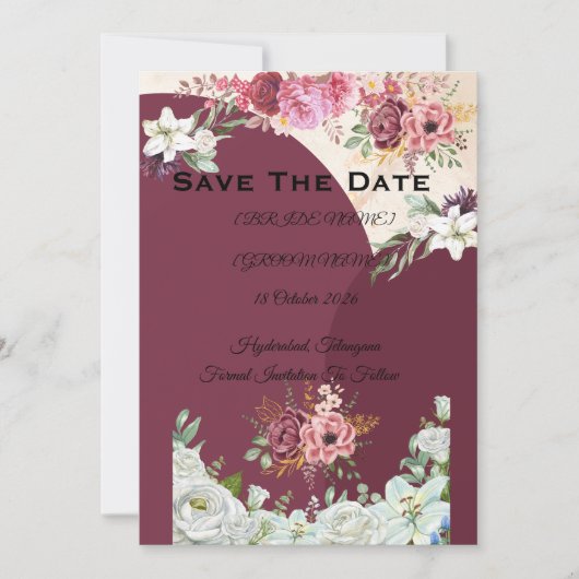 Burgunder Hochzeitsanzeige Save The Date (Vorderseite)