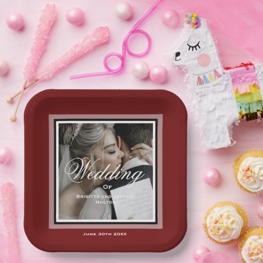 Burgunder Hochzeitskalender Foto Pappteller (Party)