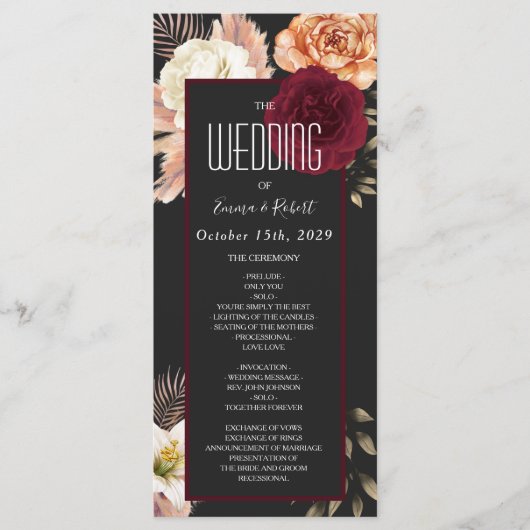 Burgunder Hochzeitsprogramm mit floralen Motiven Programm (Vorderseite)
