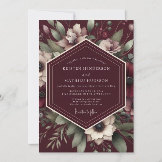 Burgunder Hochzeitsteppich mit Blumenmuster Einladung (Vorderseite)