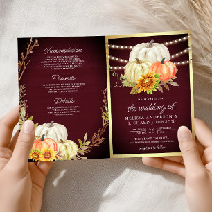 Burgunder Holz Sonnenblume Kürbis QR Code Hochzeit Einladung