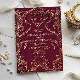 Burgunder Jugendstil Blumenreben Monogramm Hochzei Folieneinladung