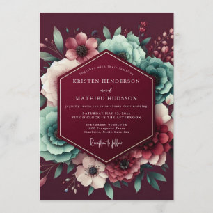 Burgunder-Juwel-Ton-Blumenhochzeit Einladung