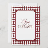 Burgunder karierte alte Geld-Hochzeit Termin vorme Save The Date (Vorderseite)