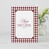 Burgunder karierte alte Geld-Hochzeit Termin vorme Save The Date (Stehend Vorderseite)
