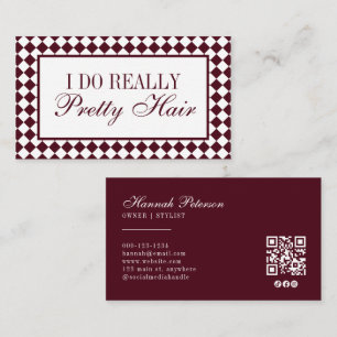 Burgunder Karo Old Money Hairstylist QR Code Visitenkarte