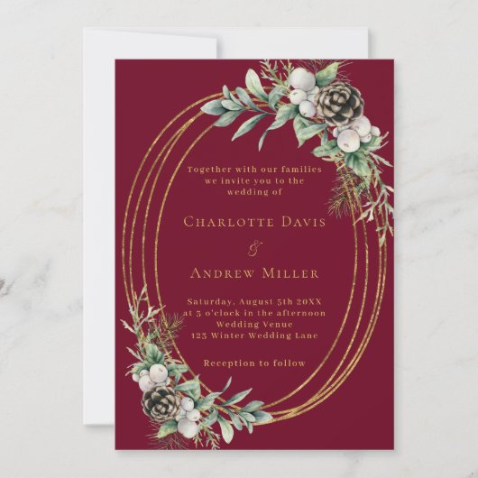 Burgunder Kiefernwald Goldrahmen Hochzeit Einladung (Vorderseite)