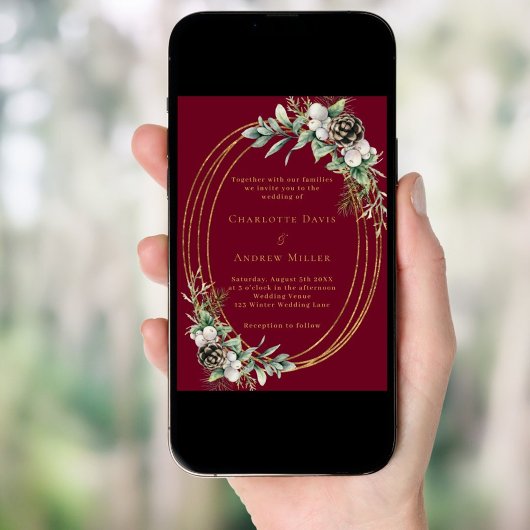 Burgunder Kiefernwald Goldrahmen Hochzeit Einladung