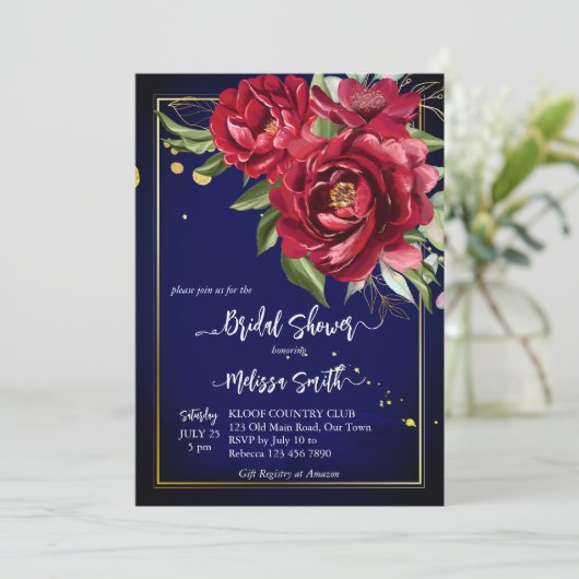 Burgunder Königsblauer Brautparty Einladung (Stehend Vorderseite)