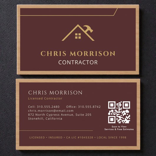 Burgunder Konstruktions-Profi-Holz-QR-Code Visitenkarte