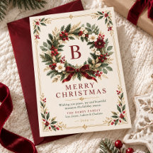 Burgunder-Kranz-Monogramm-Weihnachtskarte