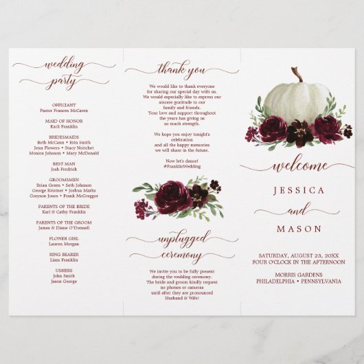 Burgunder-Kürbis-Herbst-Tri-Fold-Hochzeitsprogramm Flyer (Vorne)