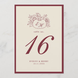 Burgunder-Kürbis-Monogramm-Hochzeitstisch-Nummer Einladung
