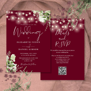 Burgunder Lichterkette Florale QR-Code Hochzeit Einladung