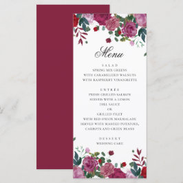 Burgunder lila Blumengarten Hochzeit. Rose Menükarte