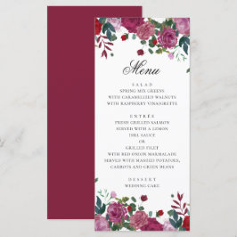 Burgunder lila Blumengarten Hochzeit. Rose Menükarte