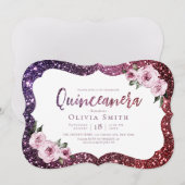 Burgunder lila Funkelblume Glitzer Quinceanera Einladung (Vorne/Hinten)