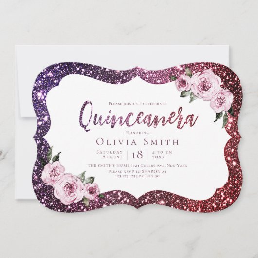 Burgunder lila Funkelblume Glitzer Quinceanera Einladung (Vorderseite)