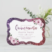Burgunder lila Funkelblume Glitzer Quinceanera Einladung (Stehend Vorderseite)