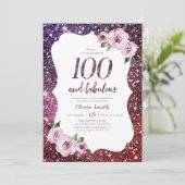 Burgunder lila Glitzer und blumengeschmückter 100. Einladung (Stehend Vorderseite)