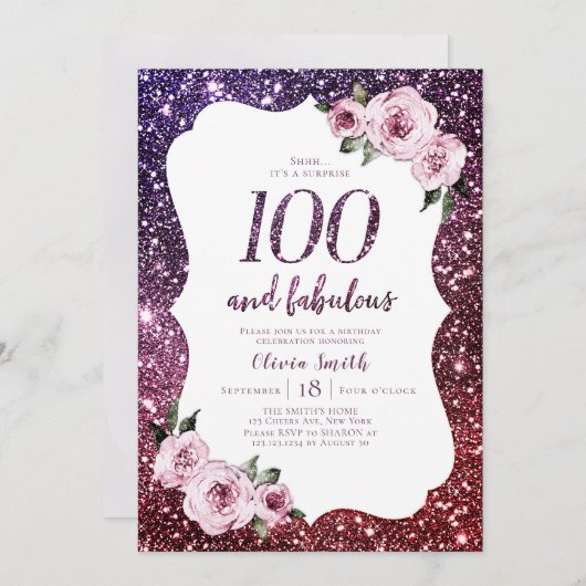 Burgunder lila Glitzer und blumengeschmückter 100. Einladung (Vorne/Hinten)