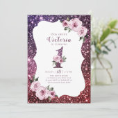 Burgunder lila Glitzer und Blütenblüte 1. Einladung (Stehend Vorderseite)
