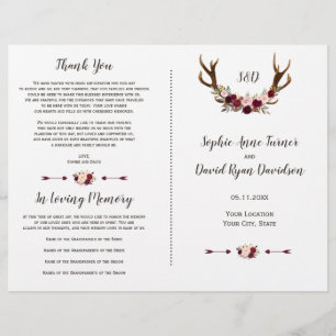 Burgunder-Marsala-Blumen-Geweih-Hochzeitsprogramm