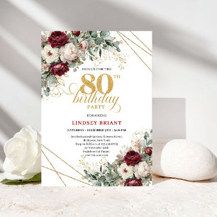 Burgunder-Marsala-Blumen Grün 80. Geburtstag Einladung