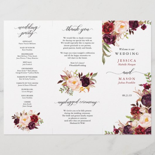 Burgunder-Marsala-Tri-Fold-Programm Sitzplan Flyer (Vorne)