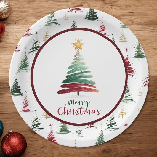Burgunder-Minimalist-Christbaum-Muster Pappteller