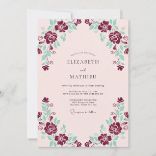 Burgunder-Mint Romantische Blumenhochzeit Einladung