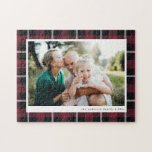 Burgunder Modernes Foto rustikal Tartan Karo Puzzle<br><div class="desc">Burgund moderne rustikale Karo Familie Foto Geschenk. Stilvolles, modernes und elegantes Design.</div>