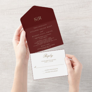 Burgunder-Monogramm-Hochzeit Alles in Einem All In One Einladung