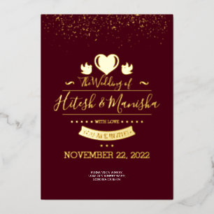 Burgunder Monogramm-Logo mit Taube Hochzeit Gold Folieneinladung