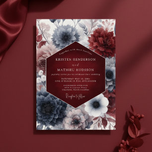 Burgunder Moody Floral Blütenhochzeit Einladung