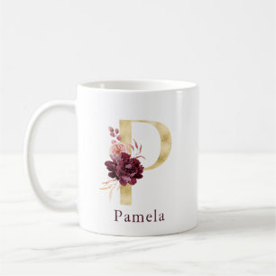 Burgunder Name und rosa florales Monogramm Buchsta Kaffeetasse
