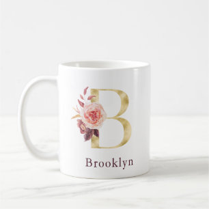 Burgunder Name und rosa florales Monogramm Buchsta Kaffeetasse