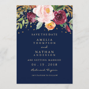 Burgunder Navy Blumen Glitter Save The Date